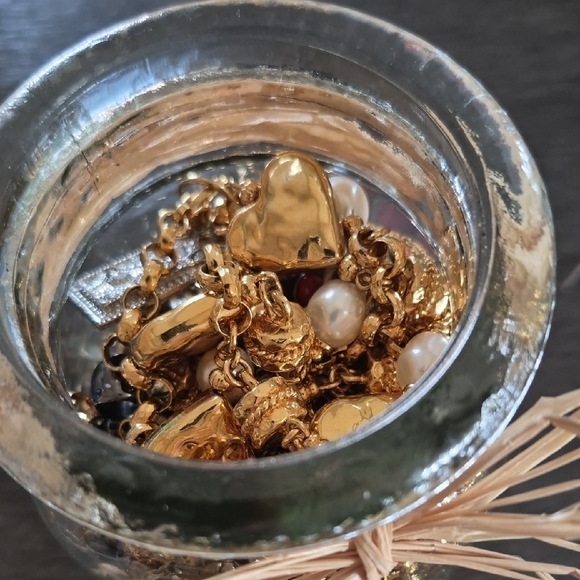 Decorative Glass Jar with Pink Flower Accent. Contains Wearable Vintage - Picture 2 of 4